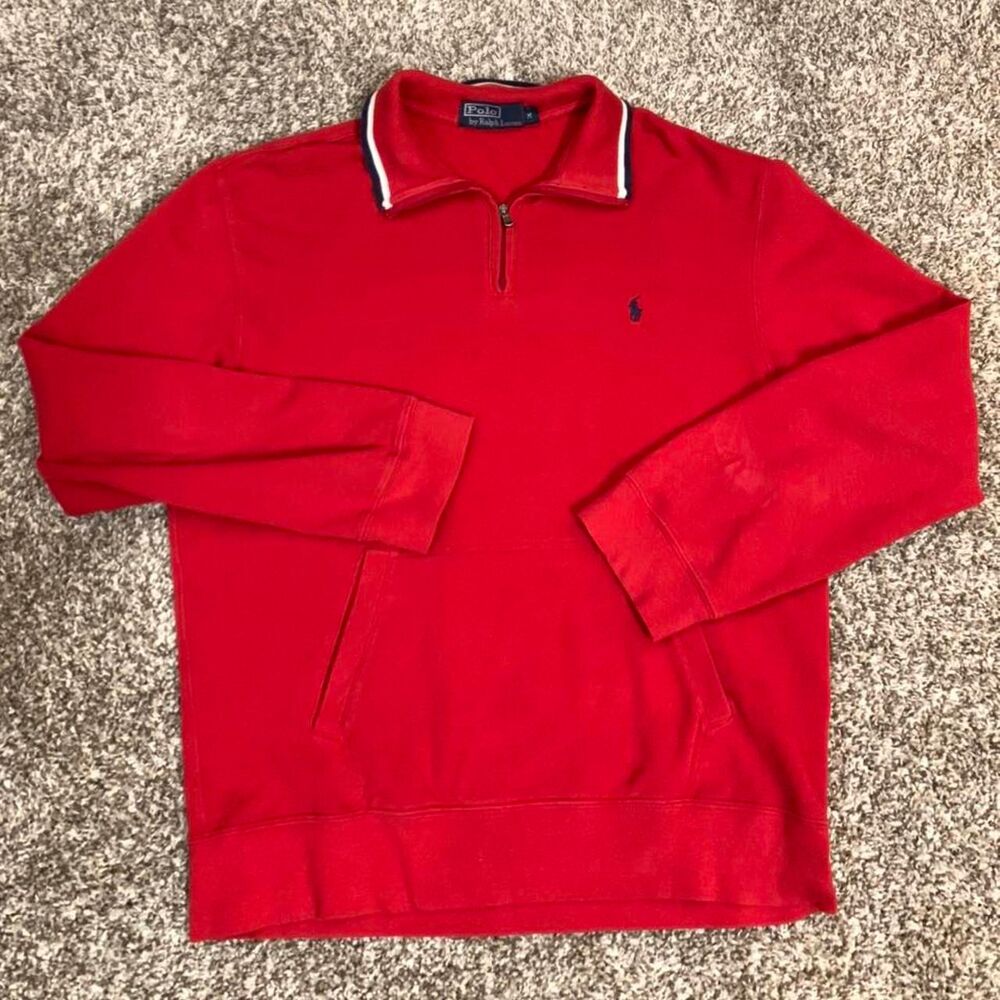 Polo Ralph-Lauren Men's Red and Black Zip-Up Collared Jumper/Sweater